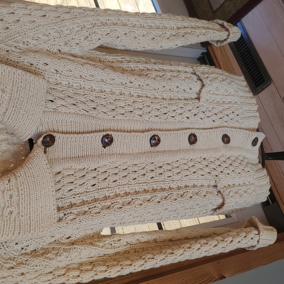 Vintage Wool Cable Knit Cream Leather Wrapped Sz. M Cardigan - Picture 3 of 12